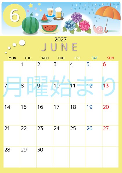 0008-2027年6月カレンダー 縦型・月曜始まり