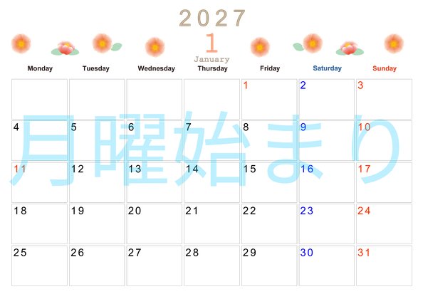 0011-2027年1月カレンダー 横型・月曜始まり