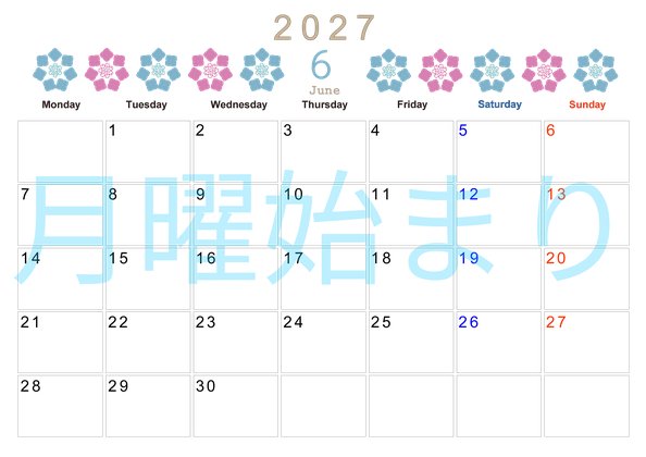0011-2027年6月カレンダー 横型・月曜始まり