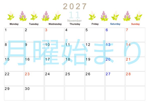 0011-2027年11月カレンダー 横型・月曜始まり