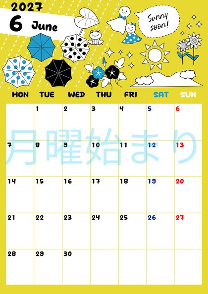 0012-2027年6月カレンダー 縦型・月曜始まり