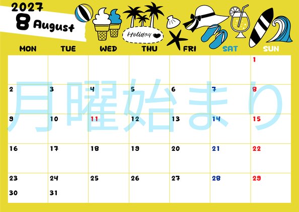 0012-2027年8月カレンダー 横型・月曜始まり