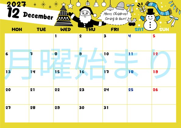 0012-2027年12月カレンダー 横型・月曜始まり