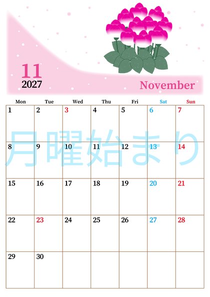 0013-2027年11月カレンダー 縦型・月曜始まり