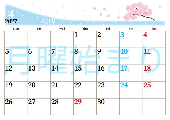 0013-2027年4月カレンダー 横型・月曜始まり