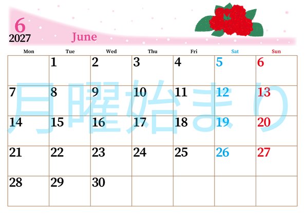 0013-2027年6月カレンダー 横型・月曜始まり