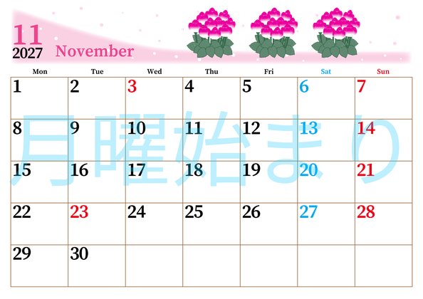 0013-2027年11月カレンダー 横型・月曜始まり