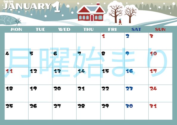 0014-2027年1月カレンダー 横型・月曜始まり