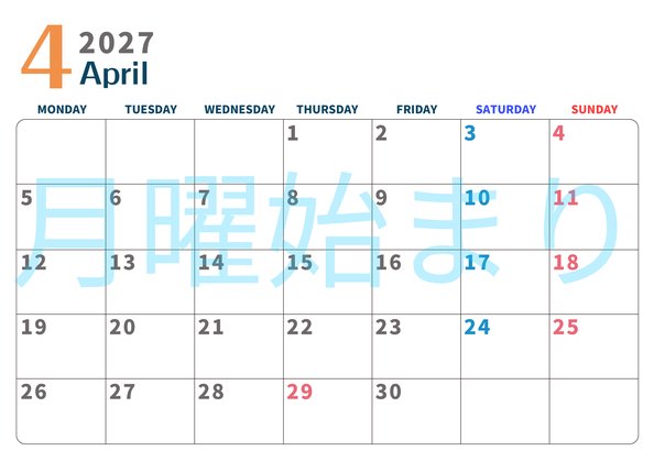 0109-2027年4月カレンダー 横型・月曜始まり
