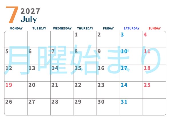 0109-2027年7月カレンダー 横型・月曜始まり