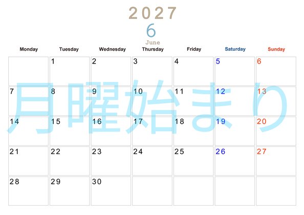 0110-2027年6月カレンダー 横型・月曜始まり