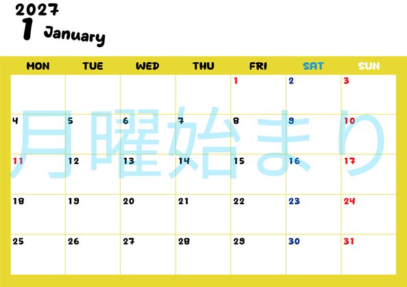 0111-2027年1月カレンダー 横型・月曜始まり