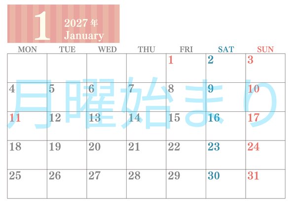 0113-2027年1月カレンダー 横型・月曜始まり