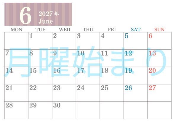 0113-2027年6月カレンダー 横型・月曜始まり