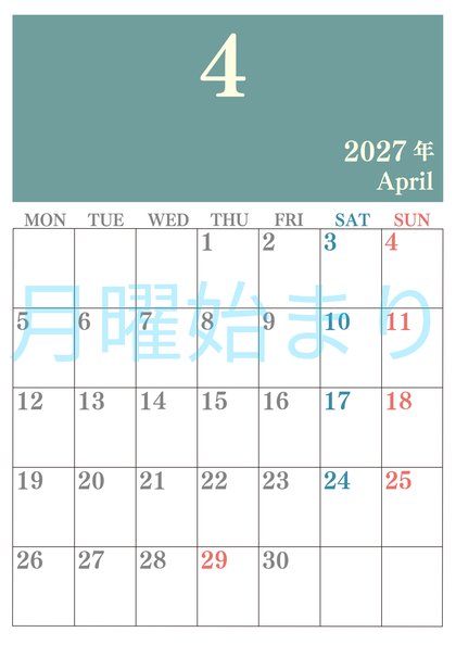 0114-2027年4月カレンダー 縦型・月曜始まり