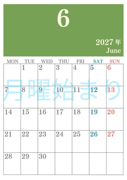 0114-2027年6月カレンダー 縦型・月曜始まり