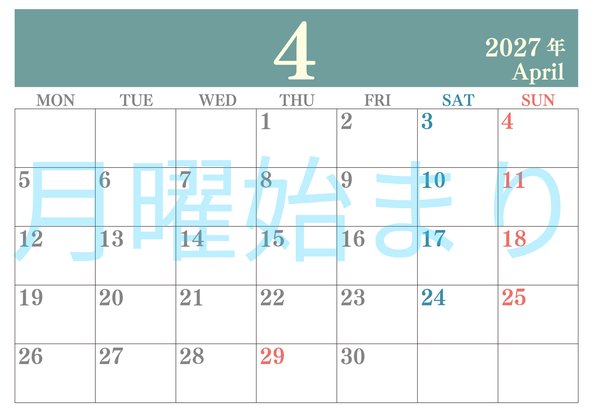 0114-2027年4月カレンダー 横型・月曜始まり