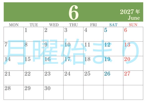 0114-2027年6月カレンダー 横型・月曜始まり
