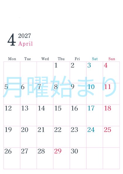 0115-2027年4月カレンダー 縦型・月曜始まり