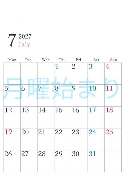 0115-2027年7月カレンダー 縦型・月曜始まり