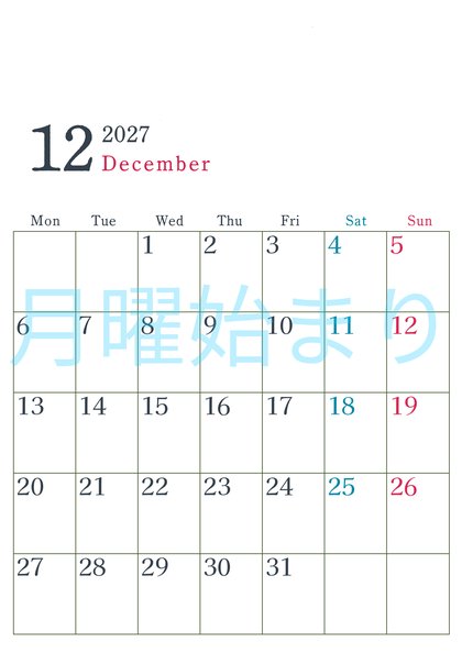 0115-2027年12月カレンダー 縦型・月曜始まり