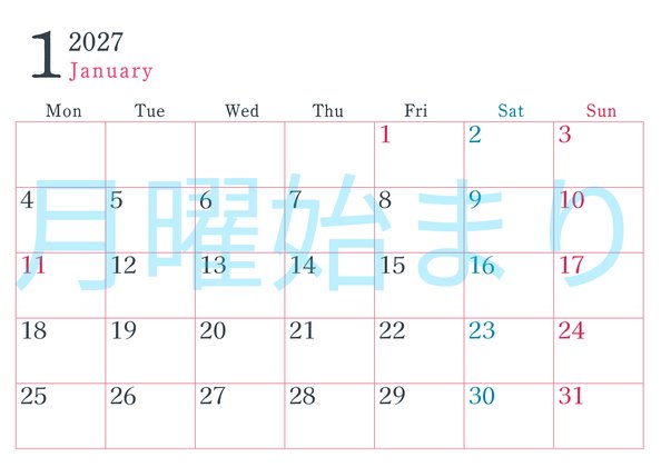 0115-2027年1月カレンダー 横型・月曜始まり