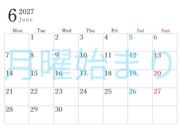 0115-2027年6月カレンダー 横型・月曜始まり