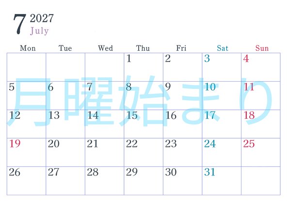 0115-2027年7月カレンダー 横型・月曜始まり