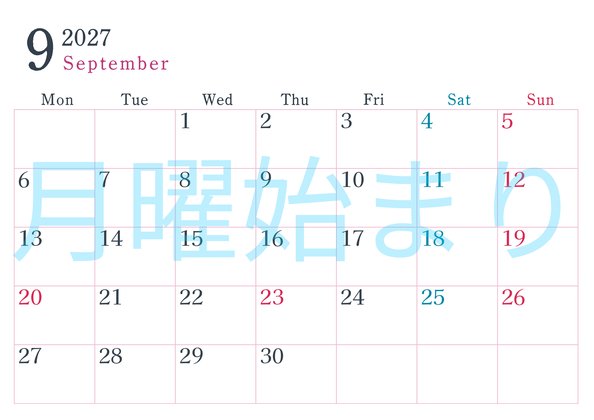 0115-2027年9月カレンダー 横型・月曜始まり
