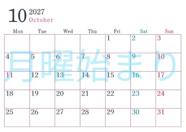 0115-2027年10月カレンダー 横型・月曜始まり