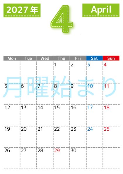 0118-2027年4月カレンダー 縦型・月曜始まり