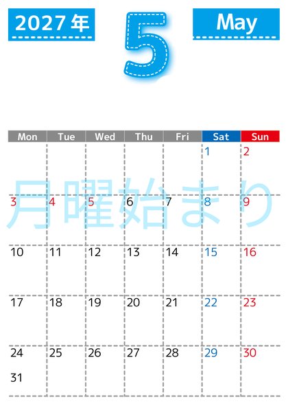 0118-2027年5月カレンダー 縦型・月曜始まり