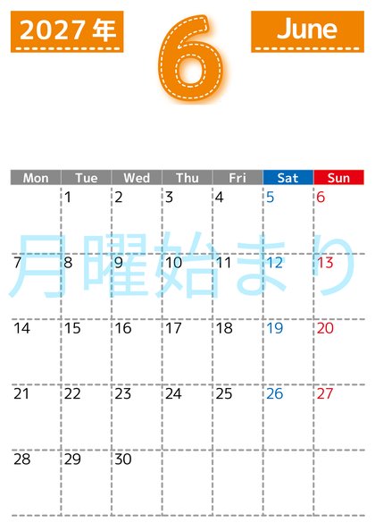 0118-2027年6月カレンダー 縦型・月曜始まり