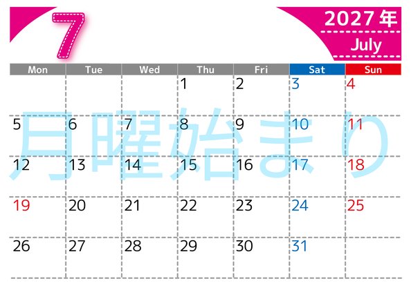0118-2027年7月カレンダー 横型・月曜始まり