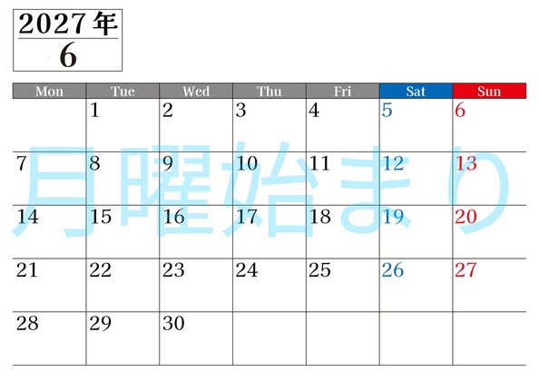 0120-2027年6月カレンダー 横型・月曜始まり