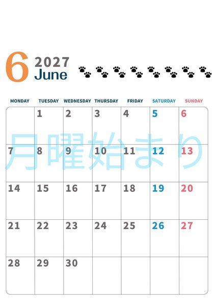 0122-2027年6月カレンダー 縦型・月曜始まり