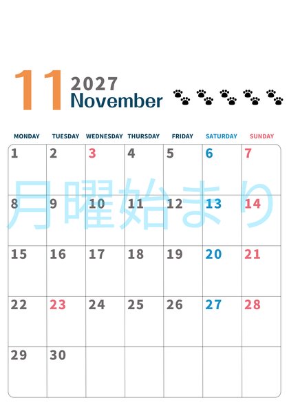 0122-2027年11月カレンダー 縦型・月曜始まり