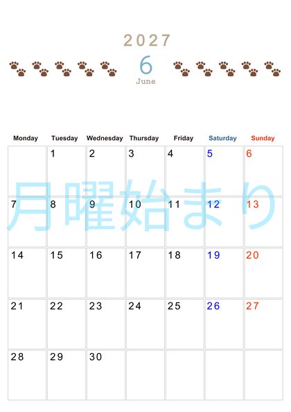 0123-2027年6月カレンダー 縦型・月曜始まり