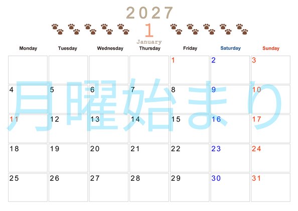 0123-2027年1月カレンダー 横型・月曜始まり