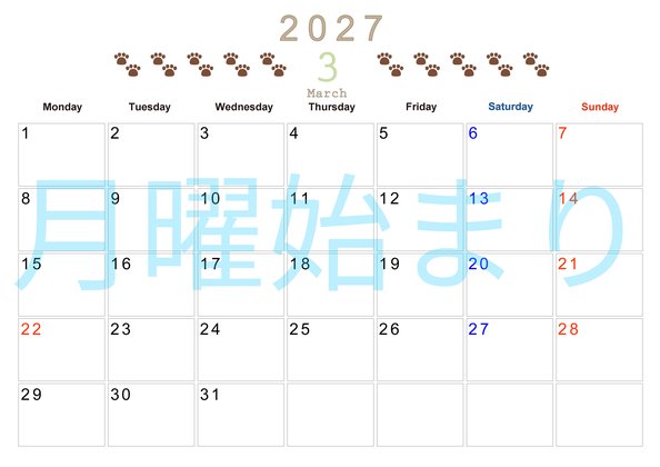 0123-2027年3月カレンダー 横型・月曜始まり