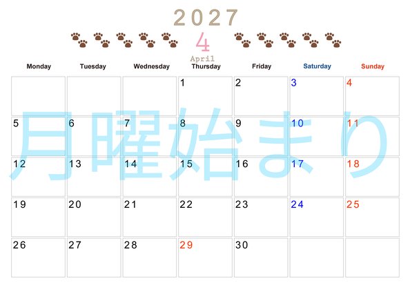 0123-2027年4月カレンダー 横型・月曜始まり