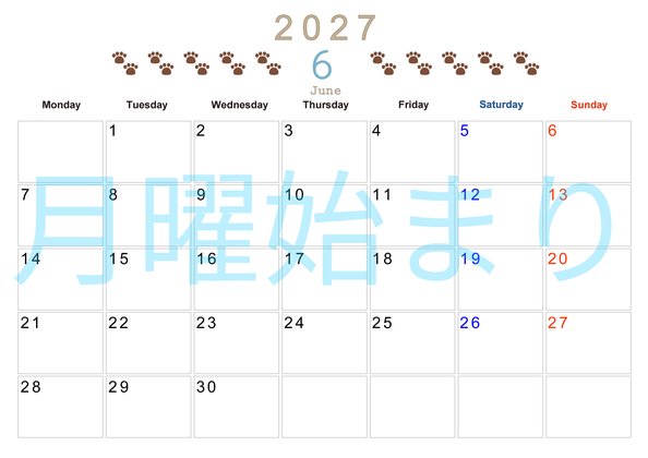 0123-2027年6月カレンダー 横型・月曜始まり