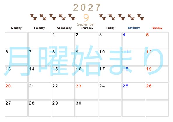 0123-2027年9月カレンダー 横型・月曜始まり