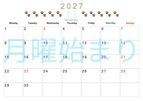 0123-2027年11月カレンダー 横型・月曜始まり