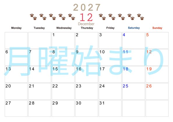 0123-2027年12月カレンダー 横型・月曜始まり