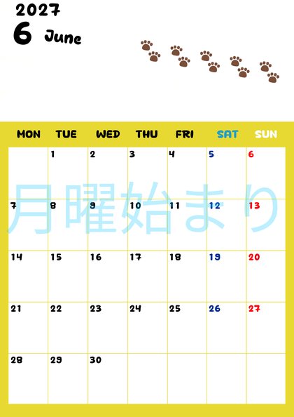 0124-2027年6月カレンダー 縦型・月曜始まり