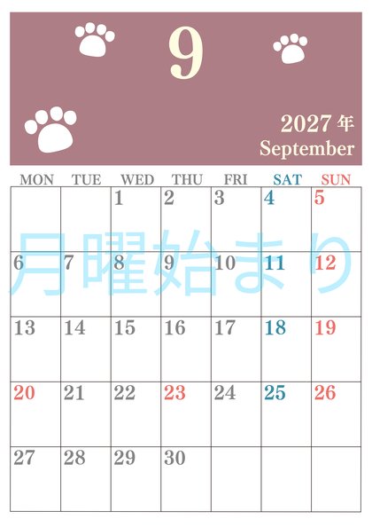 0125-2027年9月カレンダー 縦型・月曜始まり