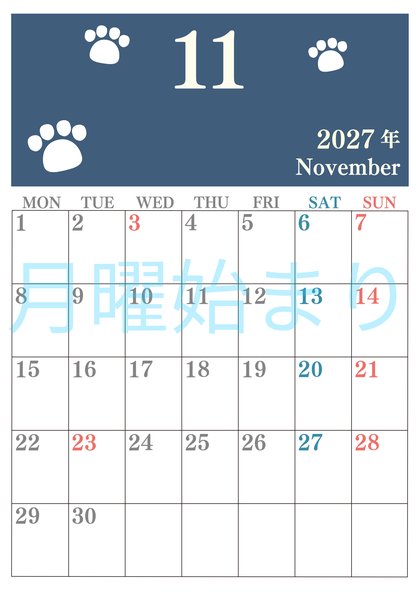 0125-2027年11月カレンダー 縦型・月曜始まり