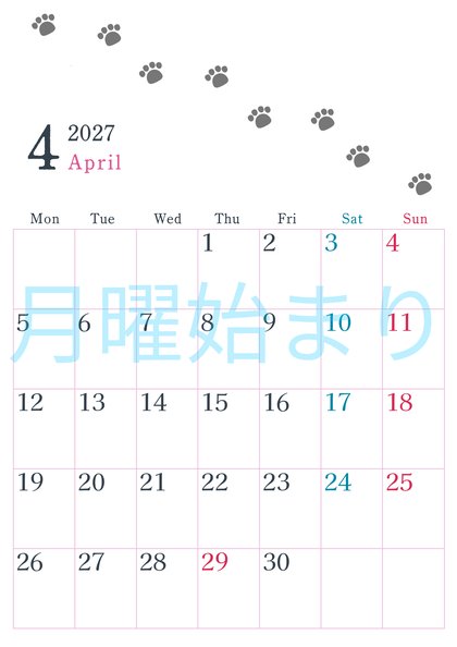 0126-2027年4月カレンダー 縦型・月曜始まり