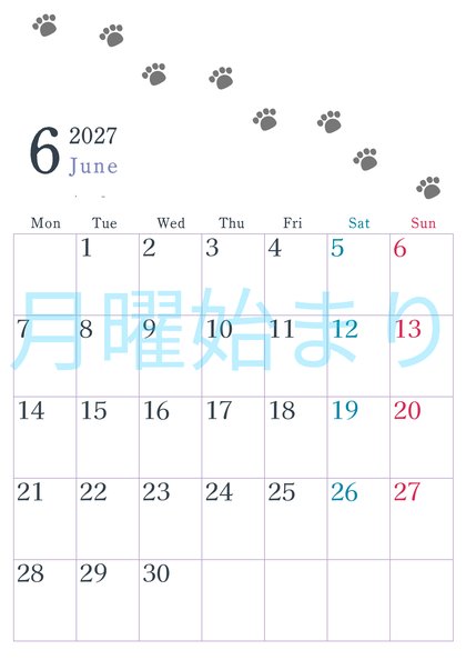 0126-2027年6月カレンダー 縦型・月曜始まり
